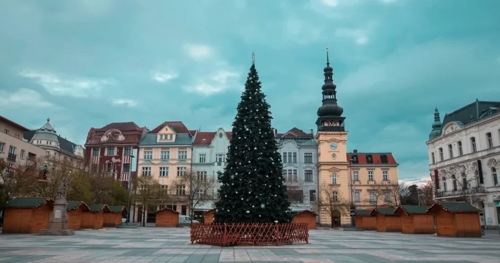 Vánoční strom a stánky na Masarykově náměstí v Ostravě 2025