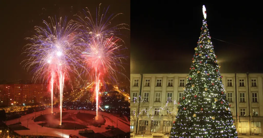 Rozsvícený strom na Masarykově náměstí a novoroční ohňostroj v Ostravě